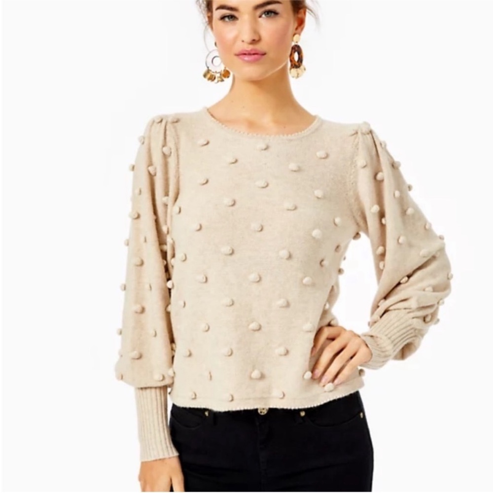 Lilly Pulitzer Kippa Bauble Puff-Sleeve Pom Pom Sweater Tan Size M